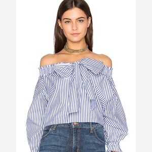 J.O.A. - Blue & White Stripe Blouse - Off Shoulder or On with Ties XS